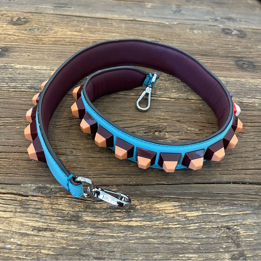 Fendi Blue Turquoise and Burgundy Leather Strap with Peach Studs